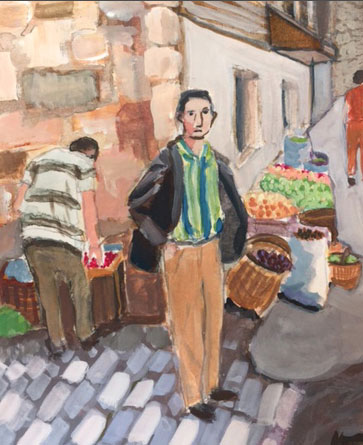 fruit vendor on street in Istanbul, gouache painting