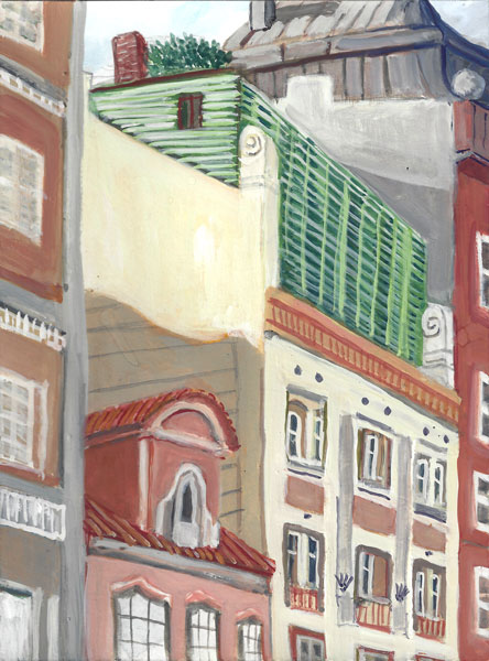 Gouache painting by Valerie Hamill of pretty European buildings and rooftops 