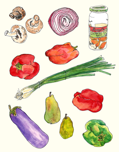 pen and ink, watercolor of vegetables by Valerie Hamill