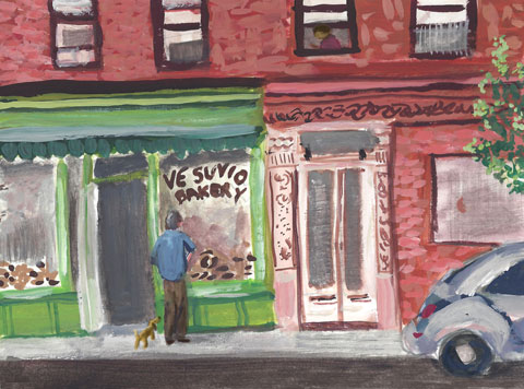 Gouache illustration by Valerie Hamill of Vesuvio Bakery in New York City