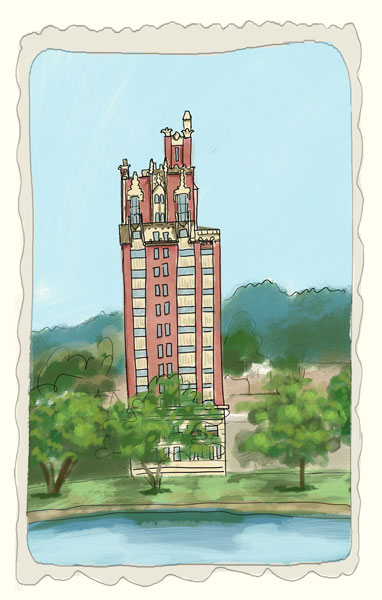 whimsical_architectural_illustration_Oakland_California_bellevue_building