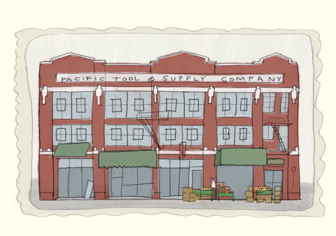whimsical_architectural_building_illustration_Oakland_California_pacific_tool_supply_chinatown