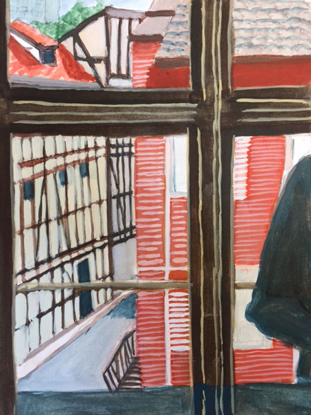 Illustration of  the view out window of the Klaipeda clock museum in Lithuania by Valerie Hamill